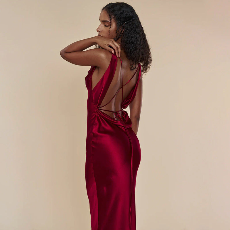 Elegant Red Satin Backless Evening Gown with Lace-Up Detail Feminé Luxé