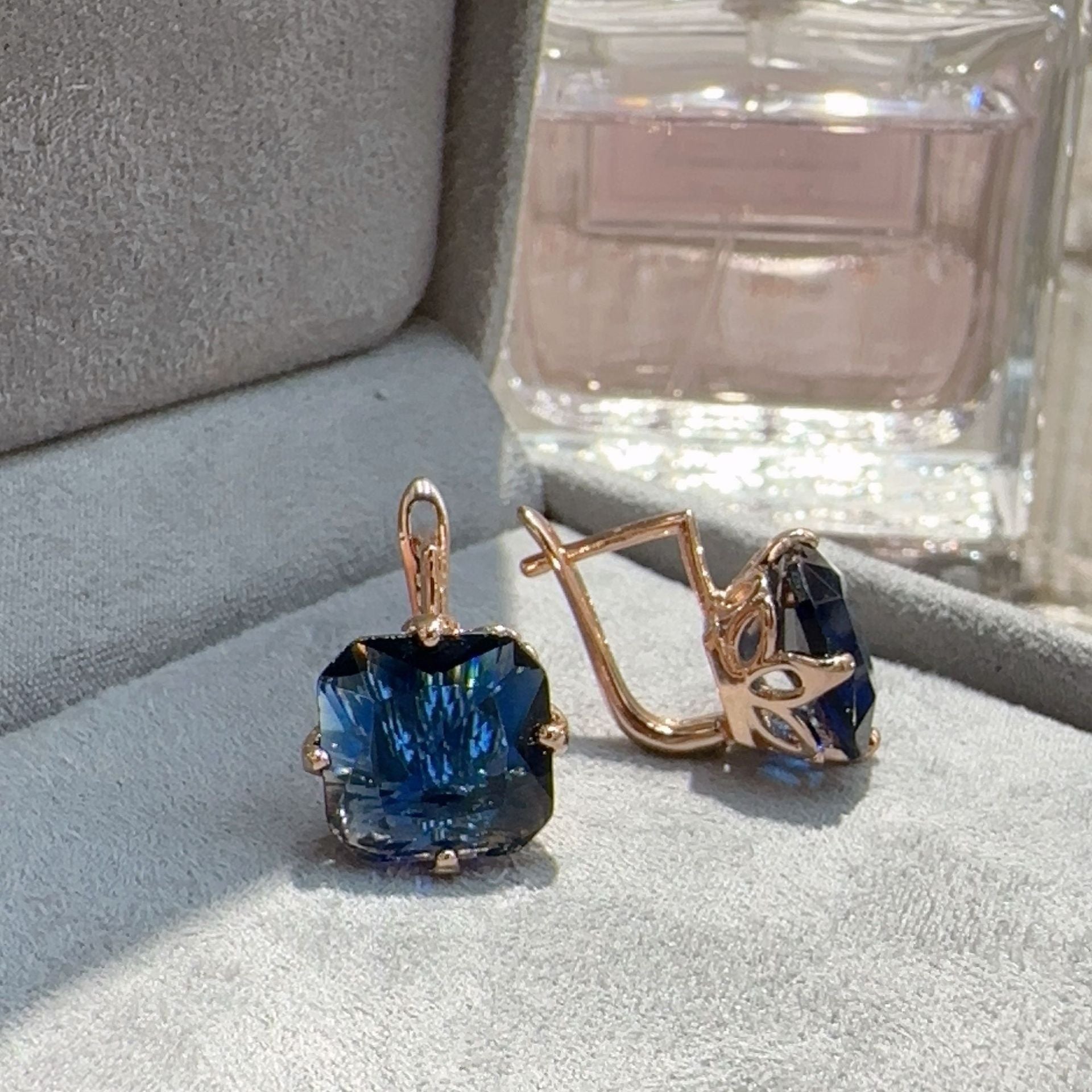 Regal Sapphire Blue Square Crystal Pendant Necklace & Dangle Earrings Set Feminé Luxé