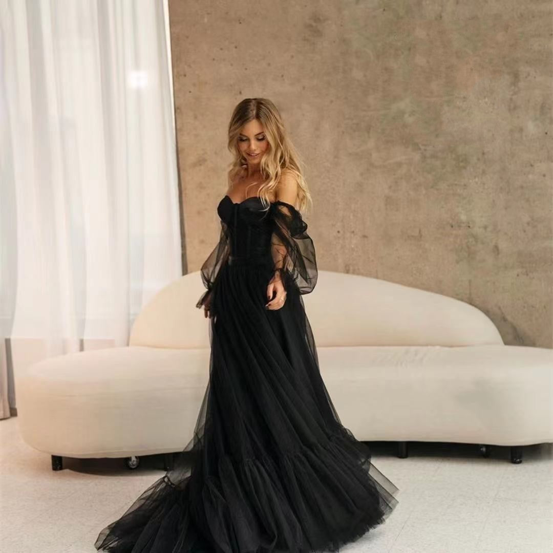 Black Lace Long Sleeve Gothic Luxury Wedding & Evening Gown Feminé Luxé