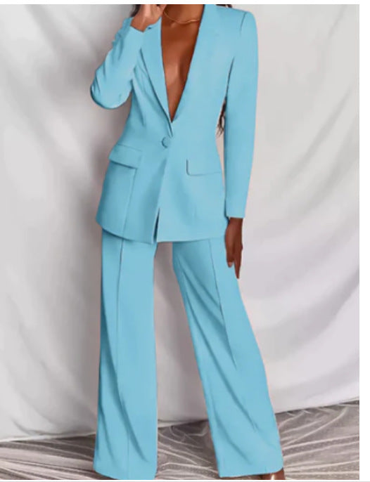Elegant Spring Solid Color Blazer & Wide Leg Pant Set Feminé Luxé