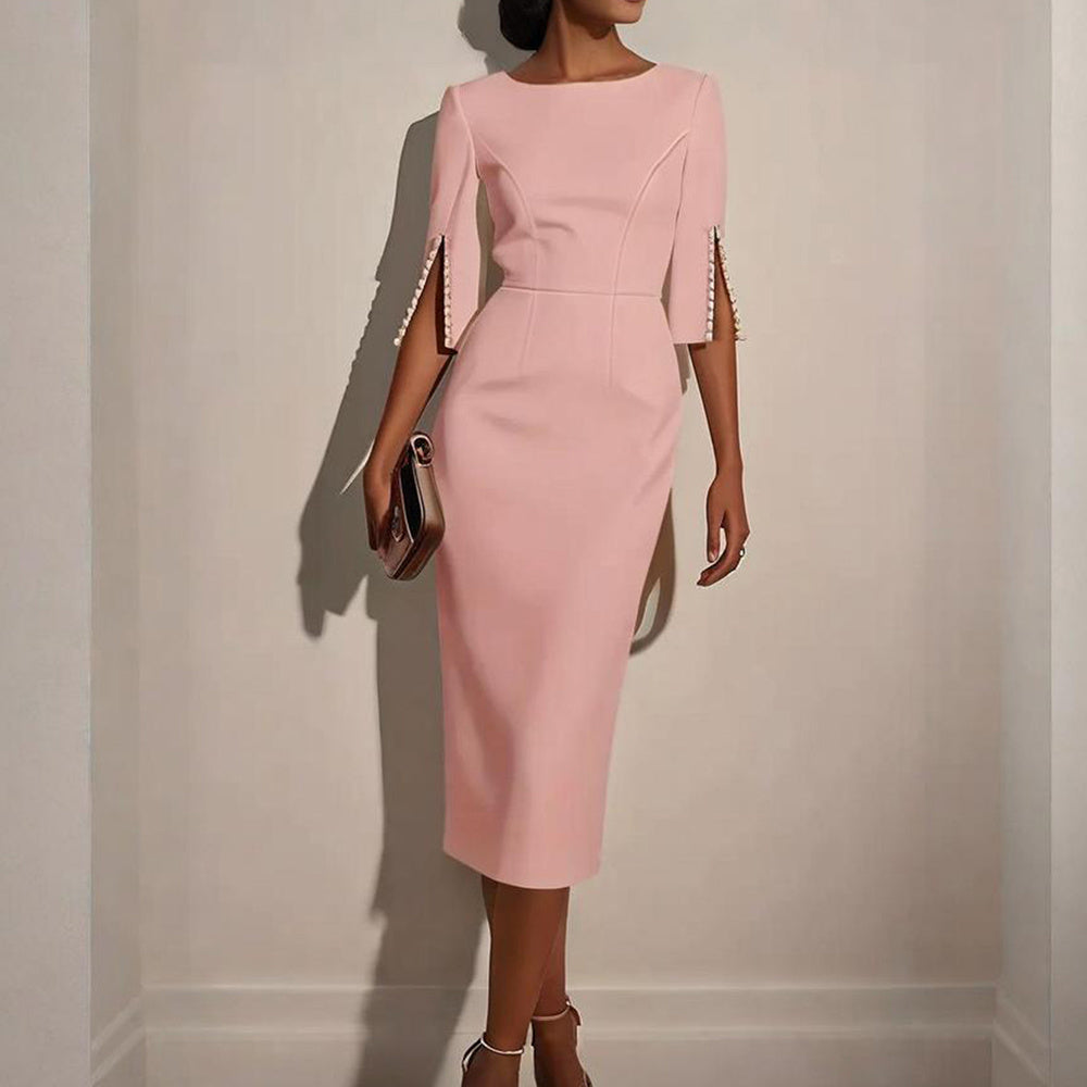 Sophisticated Long Sleeve Midi Dress with Pearl Detailing - Formal & Cocktail Wear Feminé Luxé