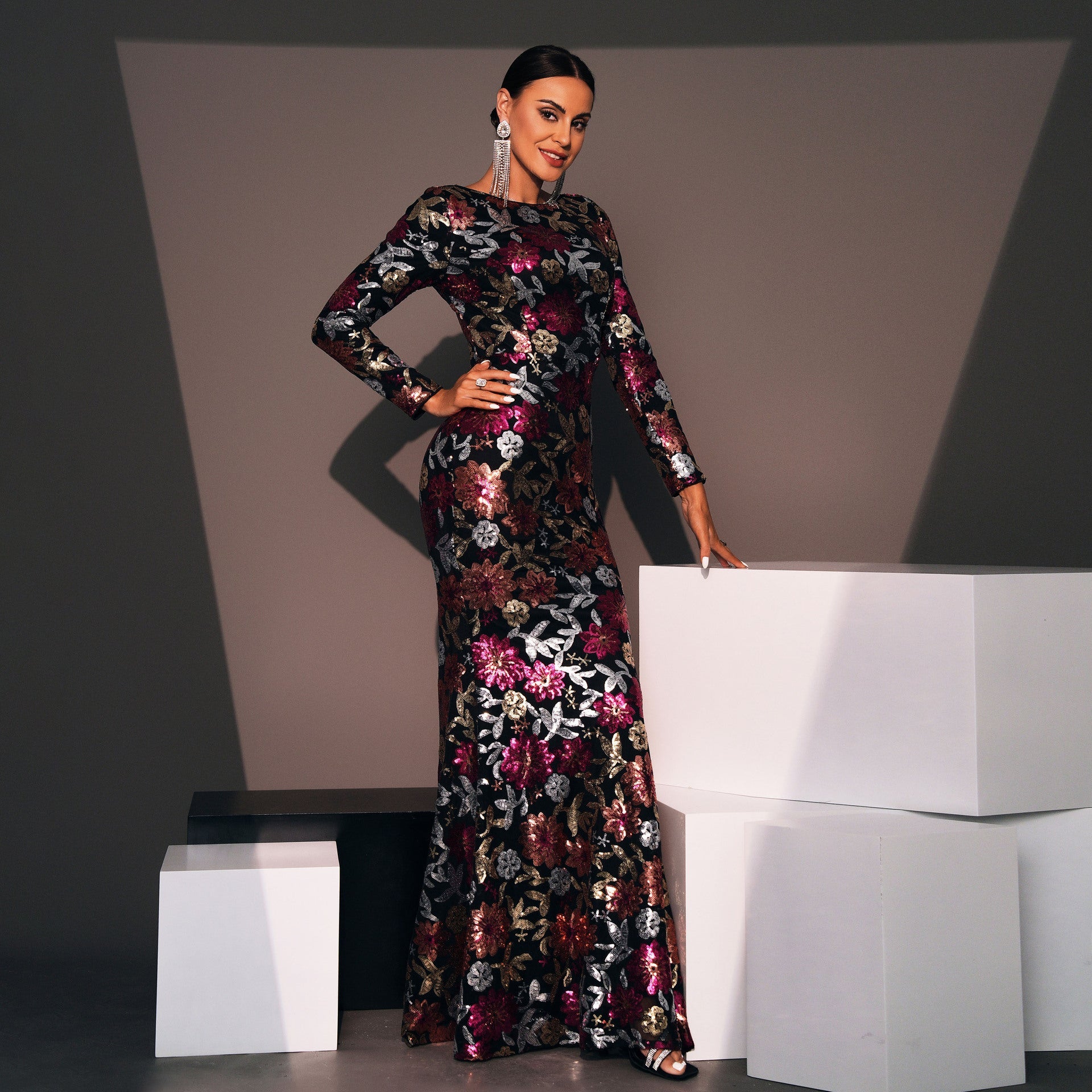 Floral Sequin Long Sleeve Crew Neck Evening Gown Feminé Luxé