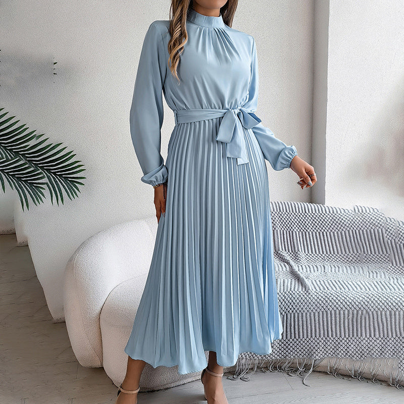 Elegant High Neck Pleated Maxi Dress - Long Sleeve Flowy Evening & Prom Event Gown Feminé Luxé