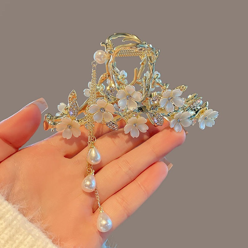The Blossom Cascade Claw: Ornate Bell Orchid & Pearl Tassel Hair Gripping Clip - Couture Bridal & Statement Accessory Feminé Luxé