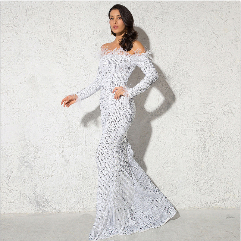 Off-Shoulder Sequined Fishtail Evening Dress – Elegant Party & Formal Gown Feminé Luxé