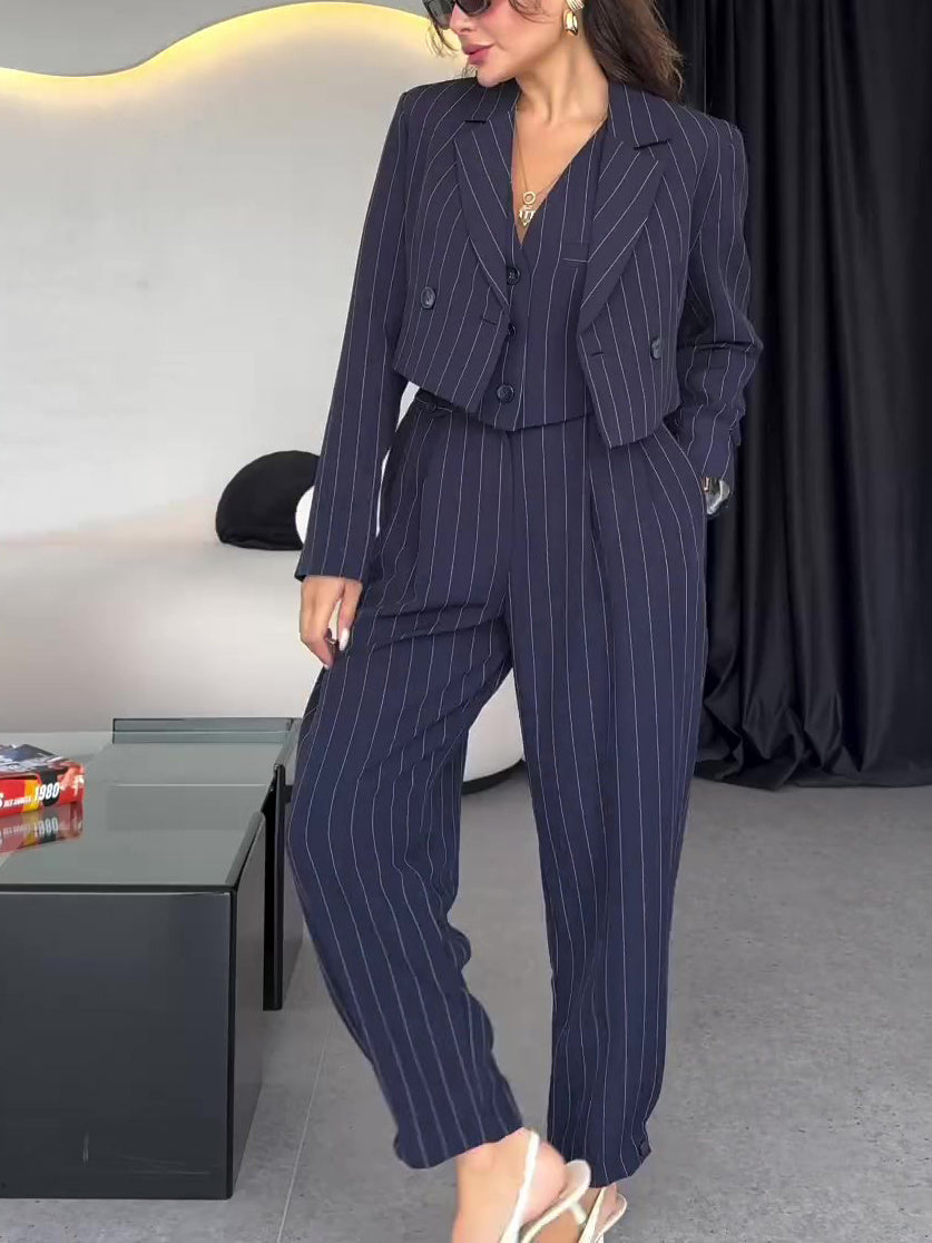 Striped 3-Piece Set: Cropped Blazer, Vest & High-Waisted Pant Feminé Luxé