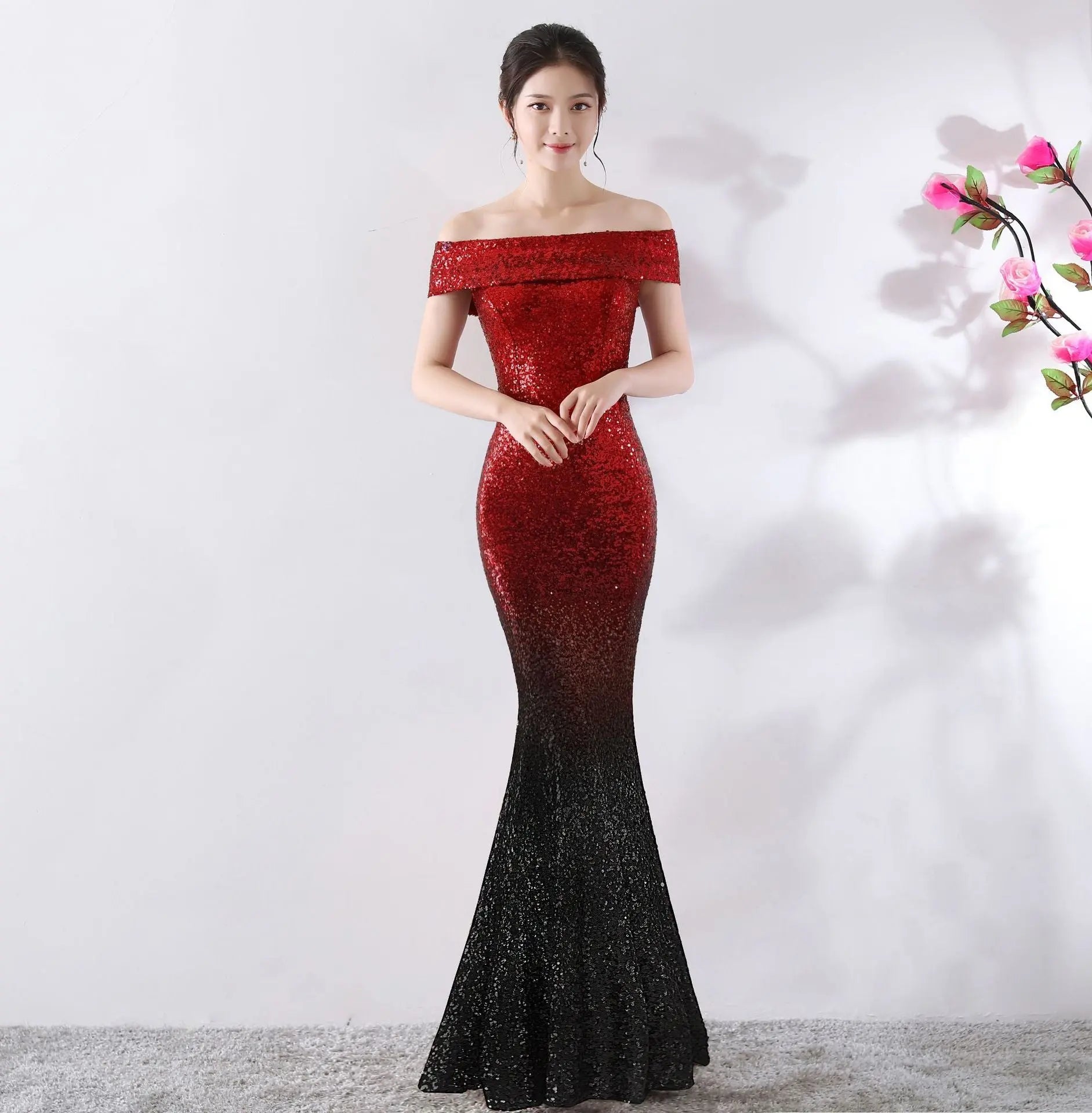 Luxury Gradient Sequin Mermaid Evening Dress – Off-Shoulder Slim Fit Feminé Luxé