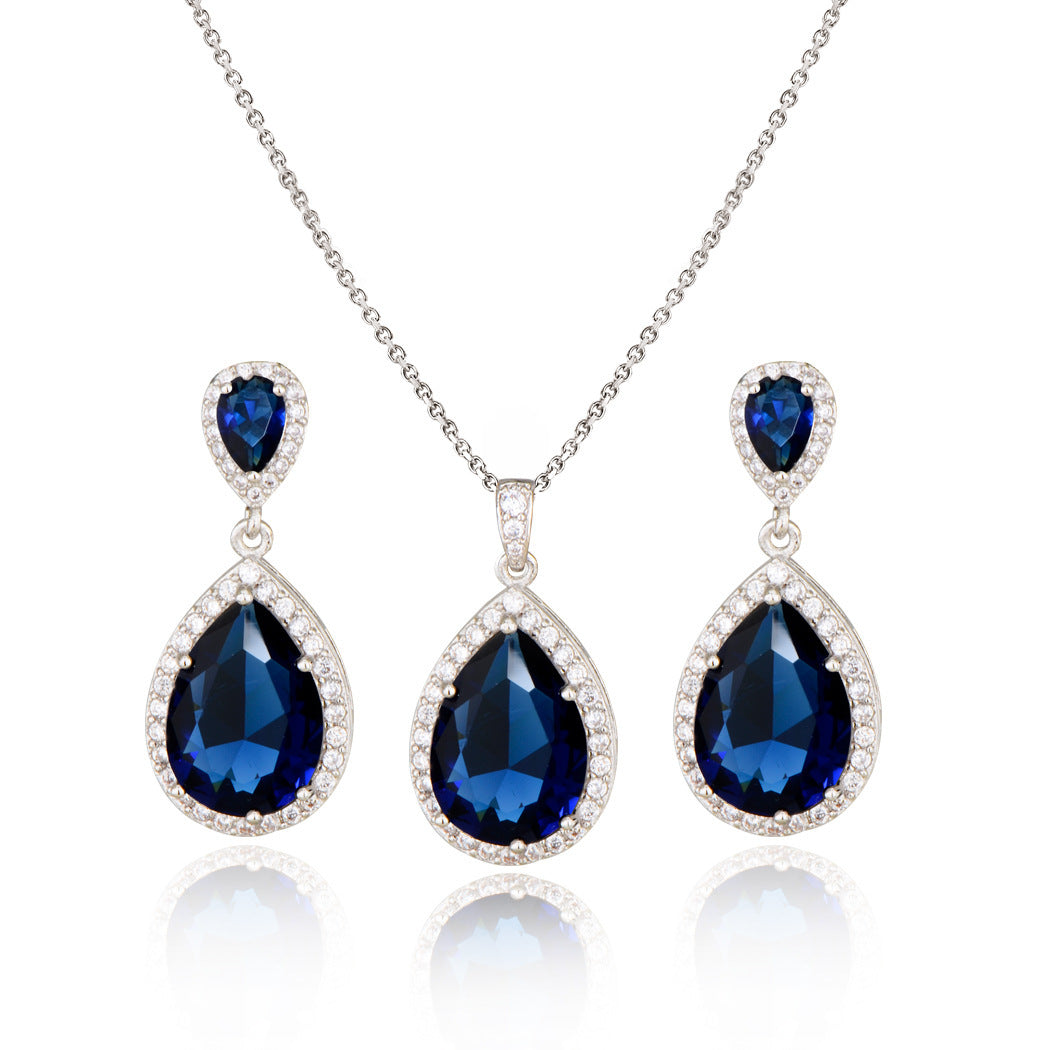 Vibrant Teardrop Zircon Bridal Set: Diamond-Treated Necklace & Earrings in 14K Gold/Platinum Plating for Bold Elegance Feminé Luxé