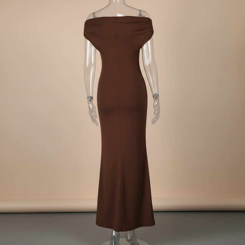 Mocha Off-Shoulder Satin Gown – Luxe Silhouette Elegance Feminé Luxé