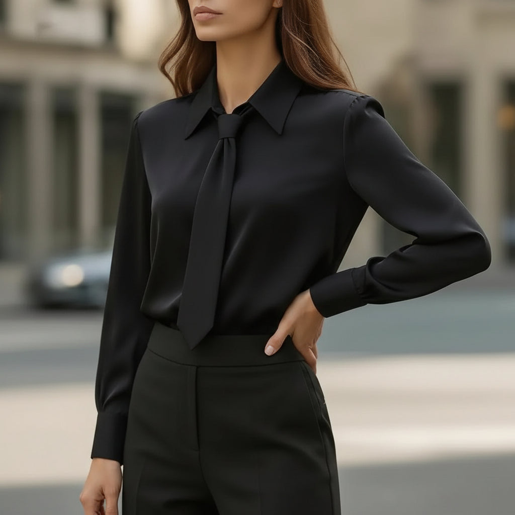 Elegant Silky Tie Neck Long Sleeve Blouse - Chic & Professional Feminé Luxé