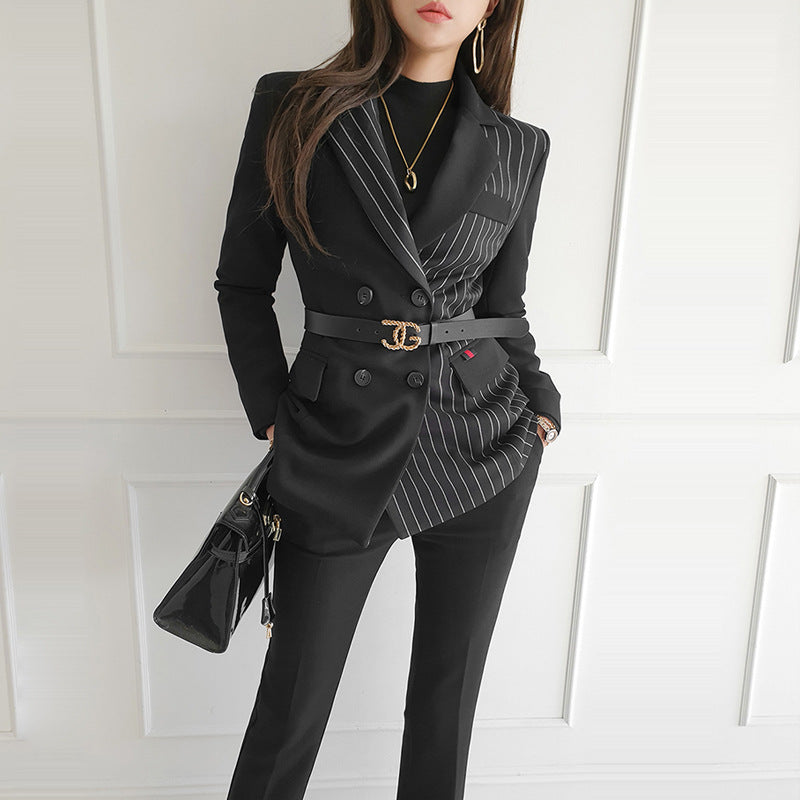 Elegant Black Pinstripe Blazer & Slim Pant Suit Set Feminé Luxé