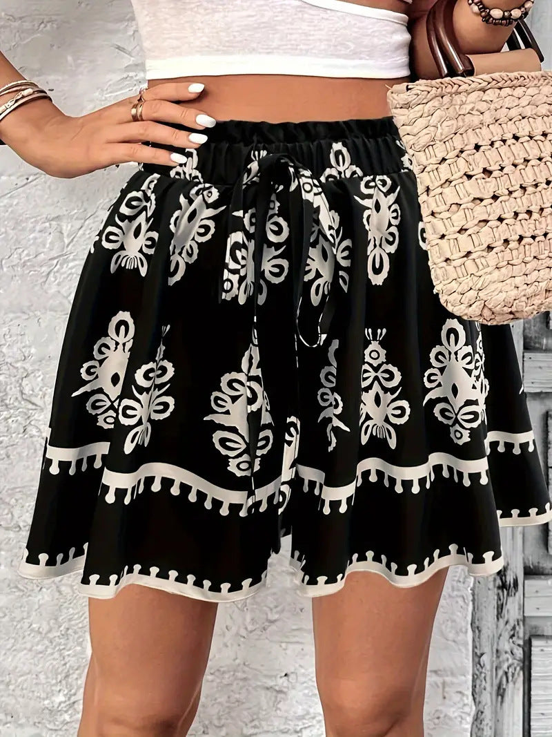 Bohemian Print Wide-Leg Ruffle Hem Skort Feminé Luxé