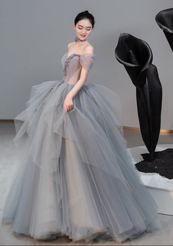 Elegant Off-Shoulder Gray Tulle Princess Ball Gown Feminé Luxé