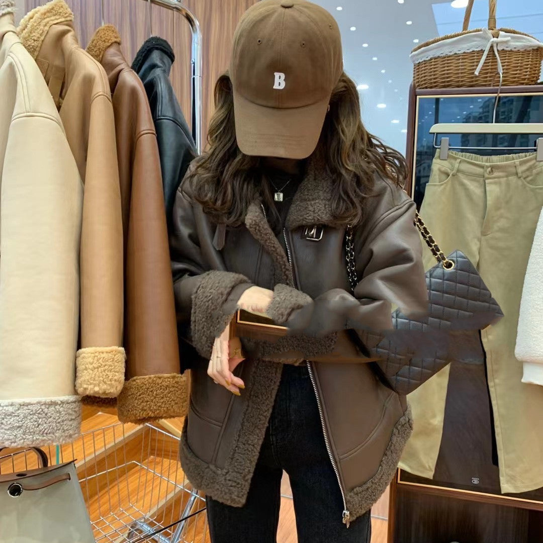 Retro Lamb Fur Integrated Biker Leather Jacket Feminé Luxé