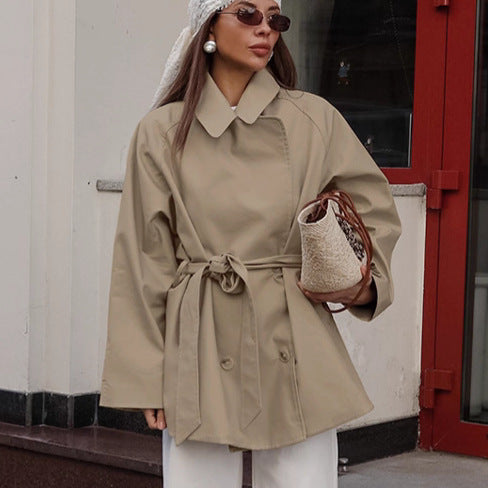 The Utility Luxe Shacket: Belted Short Trench in Khaki Feminé Luxé