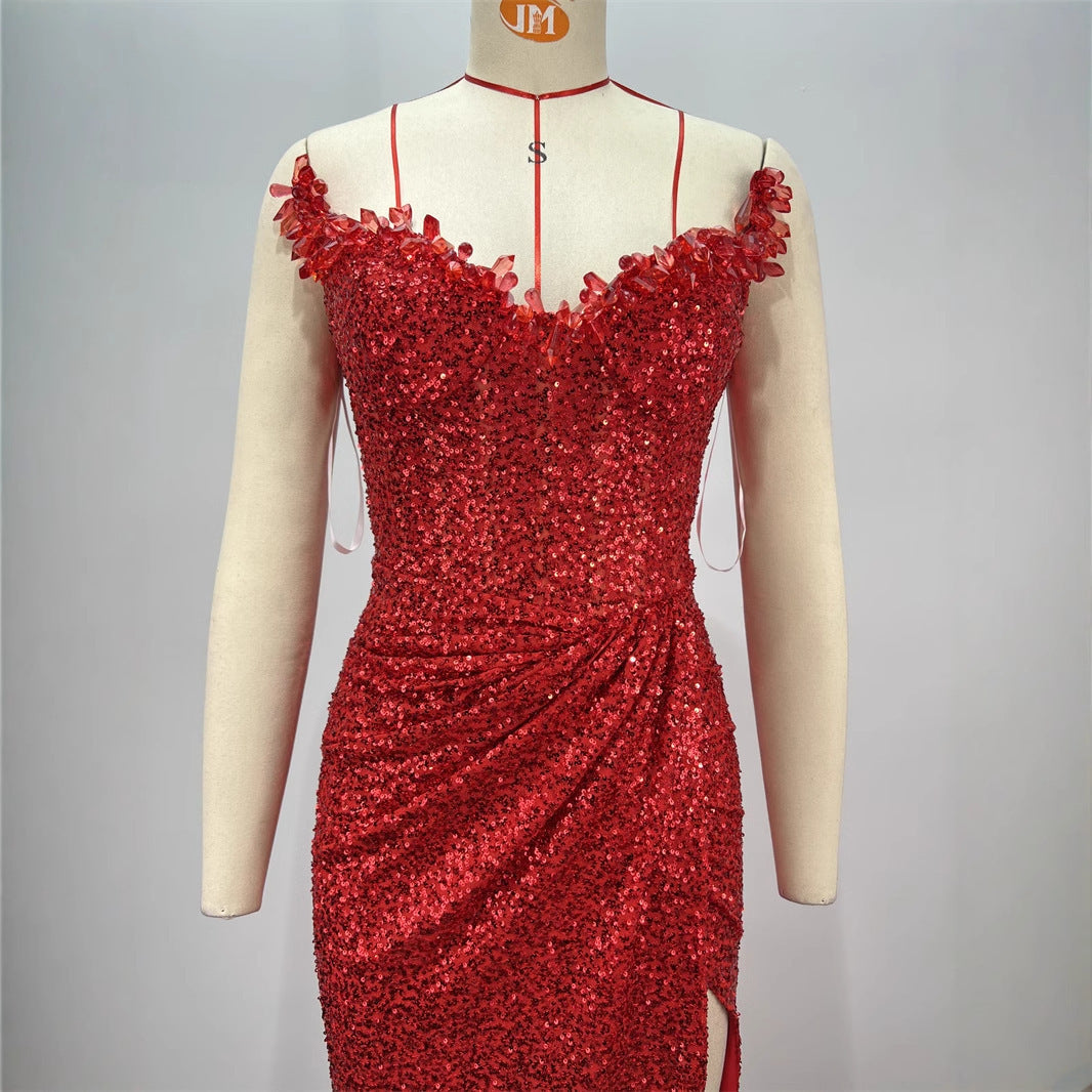 Red Diamond Sequin Tube Gown – Sexy High Slit Evening Dress Feminé Luxé