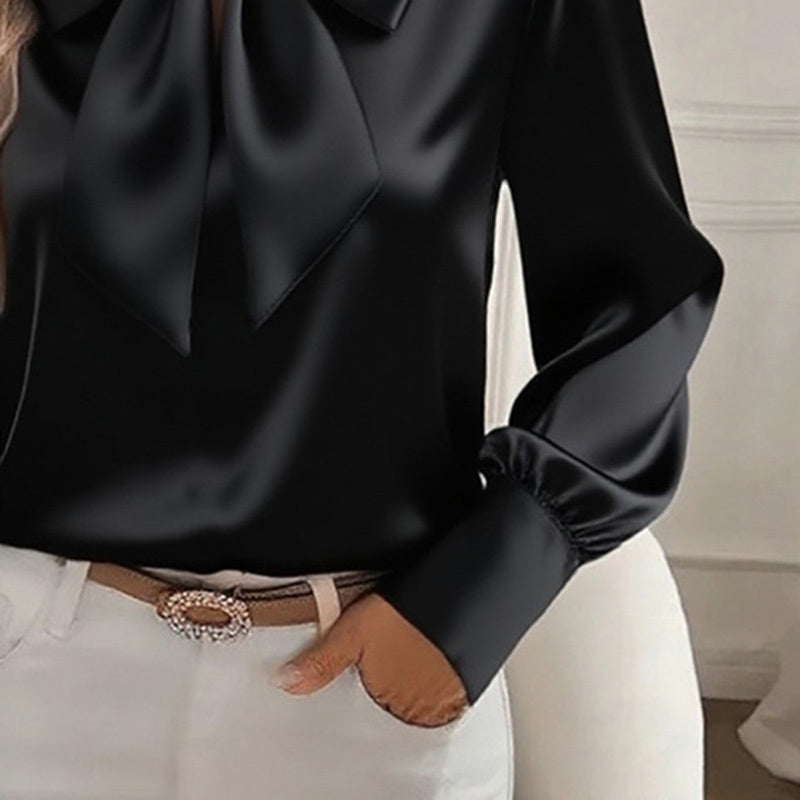 Luxurious Satin Bow Tie Long Sleeve Blouse - High-Fashion Statement Feminé Luxé