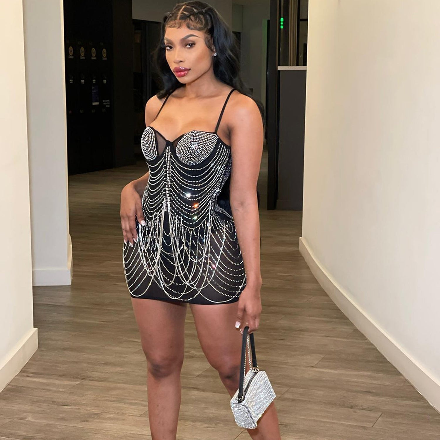 Glamour Crystal Tassel Mini Dress | Bodycon Rhinestone Strappy Party Dress Feminé Luxé