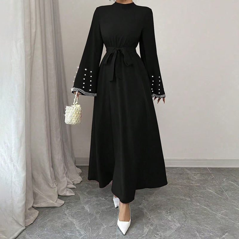 Elegant High-Neck Maxi Gown | Long Sleeve Embellished Belt Event Dress Feminé Luxé