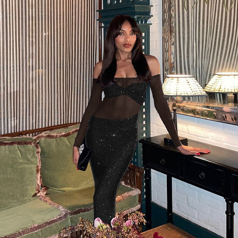 The Illusion Maxi Dress – Shimmering Off-Shoulder See-Through Mesh Gown | Feminé Luxé Exclusive Feminé Luxé