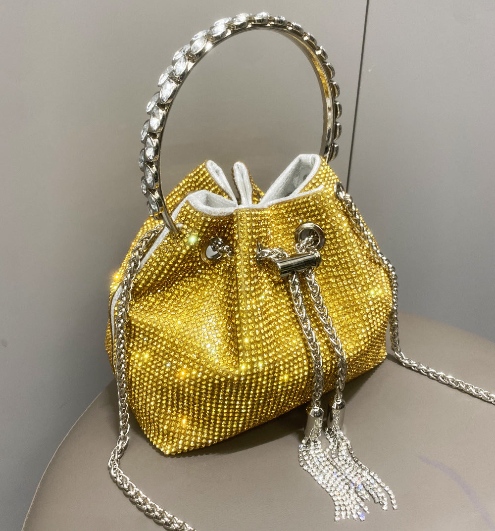 The Starlight Pouch: Full-Crystal Embellished Evening Drawstring Bag | Glamorous Metallic Ring Handle Feminé Luxé