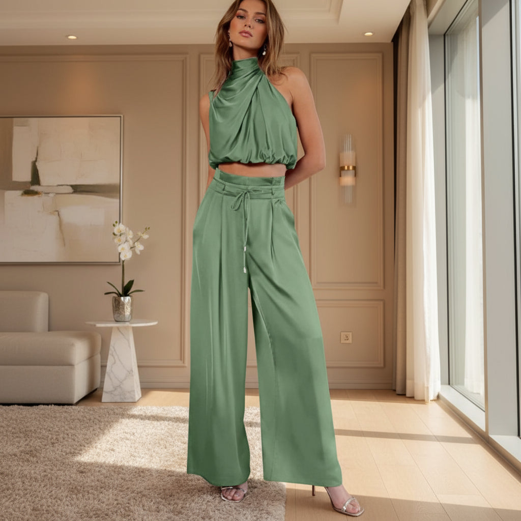 The Riviera Halter Crop Top & Wide-Leg Trousers Set | Summer Luxe Co-Ord Feminé Luxé