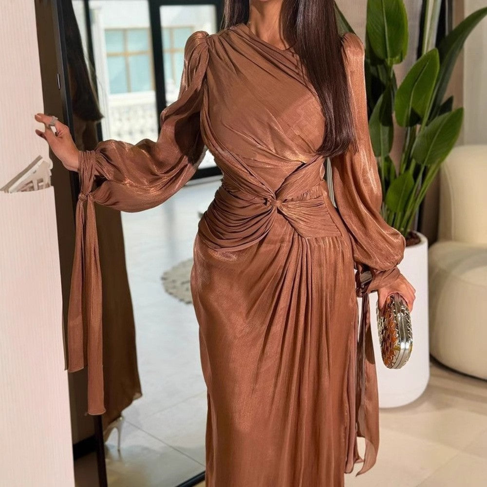 Pleated Bronze Satin Maxi Evening Dress Feminé Luxé