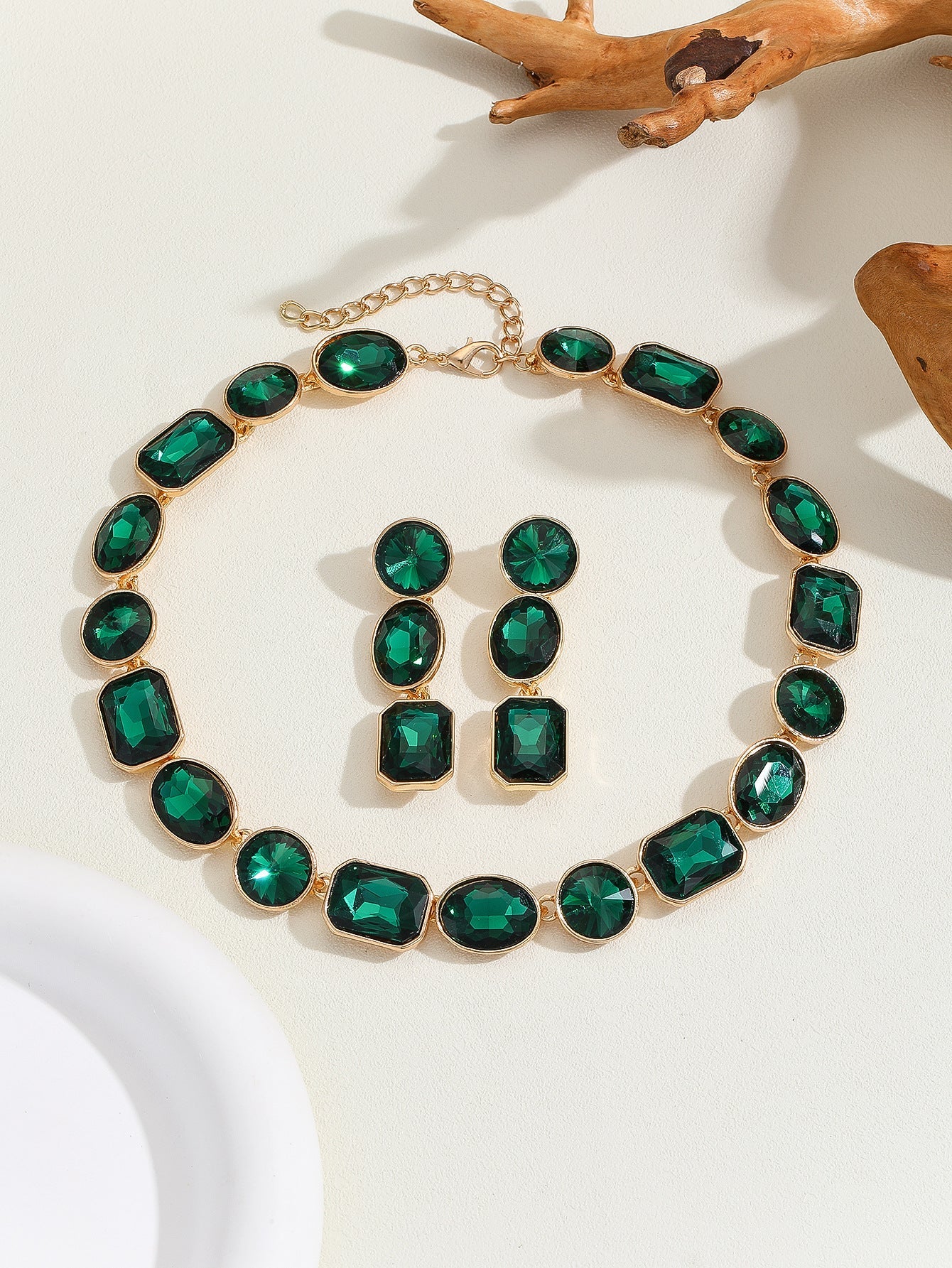Statement Emerald Green Antique Style Crystal Choker & Drop Earrings Set (Handmade) Feminé Luxé