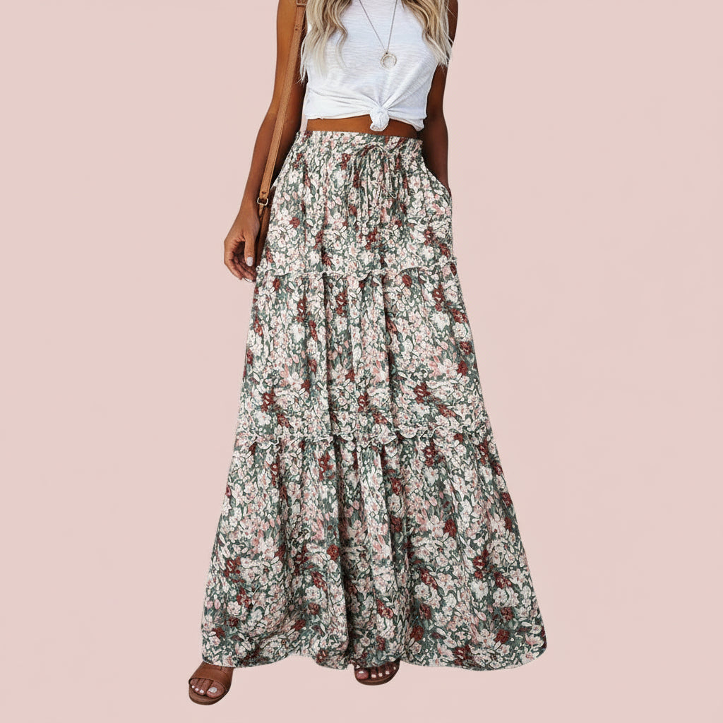 The Bohemian Resort Tiered Maxi Skirt | High-Rise & Hand-Printed Look Feminé Luxé