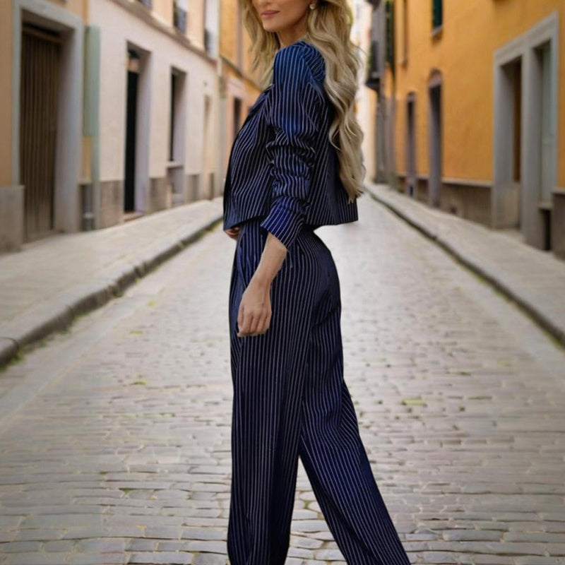 Striped Crop Blazer, Pleated Pant & Cropped Top 3-Piece Set | Feminé Modern Workwear Feminé Luxé