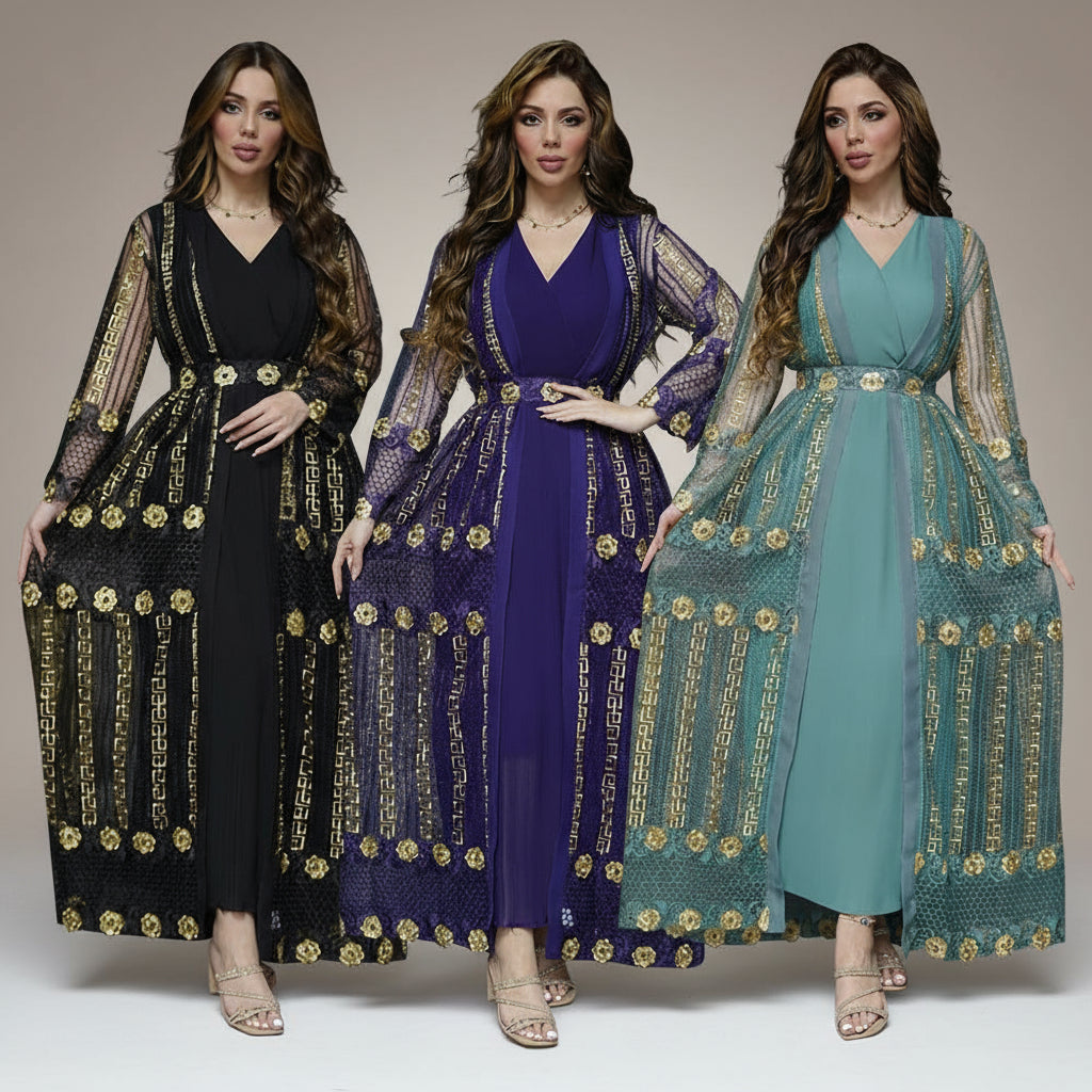 Elegant Embroidered Long Sleeve Maxi Kaftan Dress Feminé Luxé