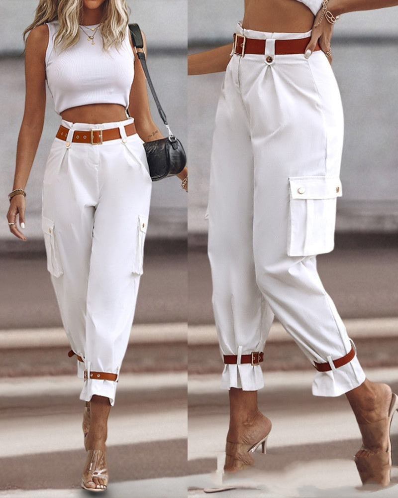 Luxe High-Waist Wide-Leg Cargo Trousers with Contrast Belt Feminé Luxé