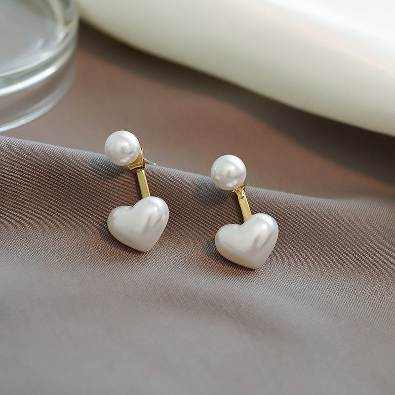 Chic Korean Style Pearl Heart Drop Stud Earrings | Electroplated Alloy with Semi-Precious Stone Inlay Feminé Luxé