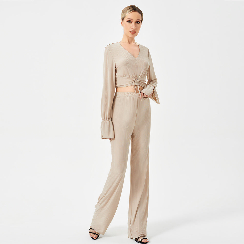 The Wine Noir Ribbed Bell-Sleeve Co-ord Set | Deep V-Neck & Flare Trousers Feminé Luxé