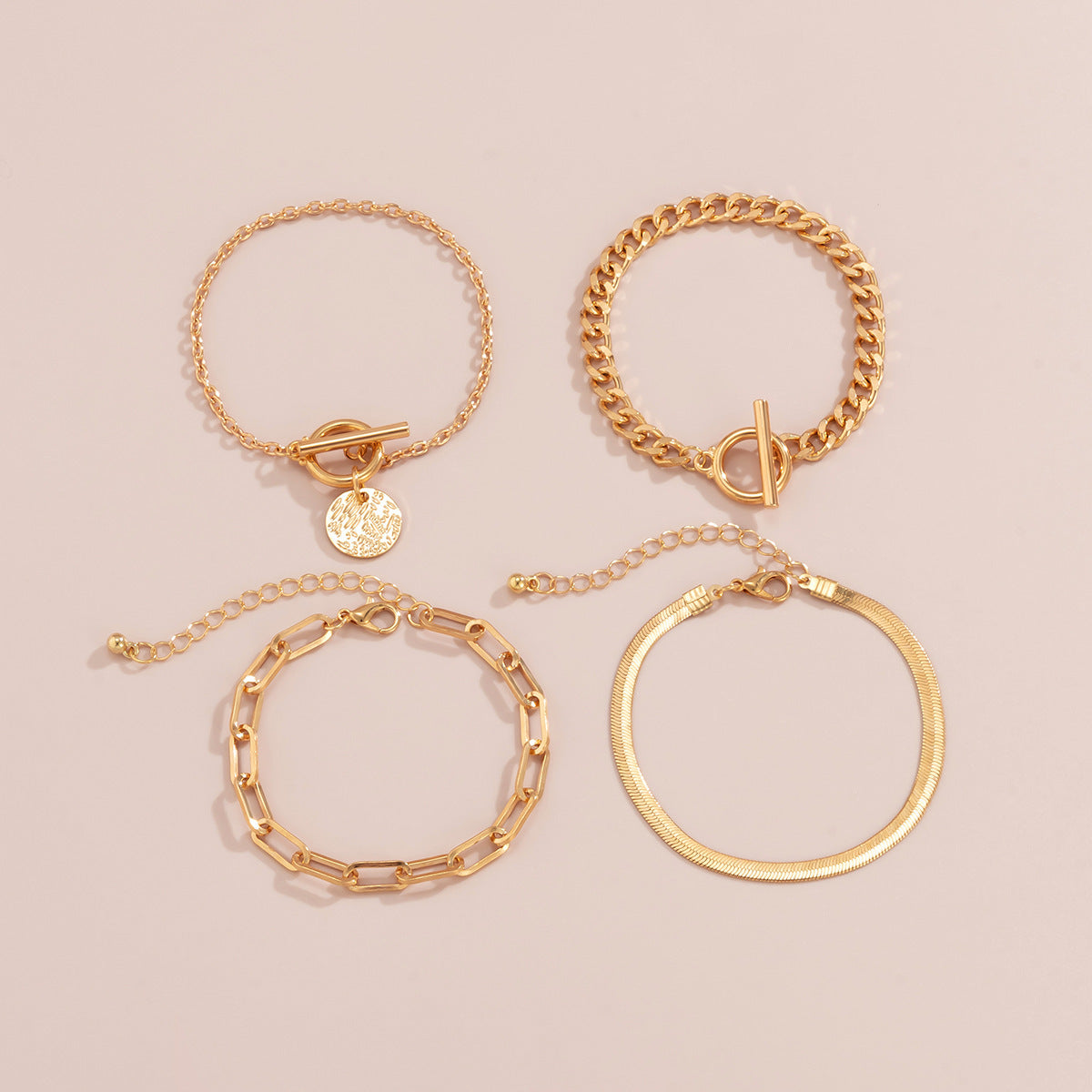 Metal Wind Hollow Chain Bracelet Set with Snake Bone & Coin Charms Feminé Luxé