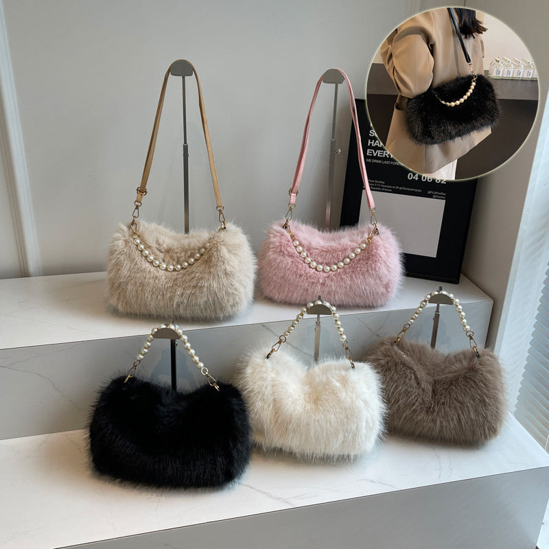 The Étoile Pearl-Chain Plush Crossbody – Luxury Faux Fur Winter Statement Bag Feminé Luxé