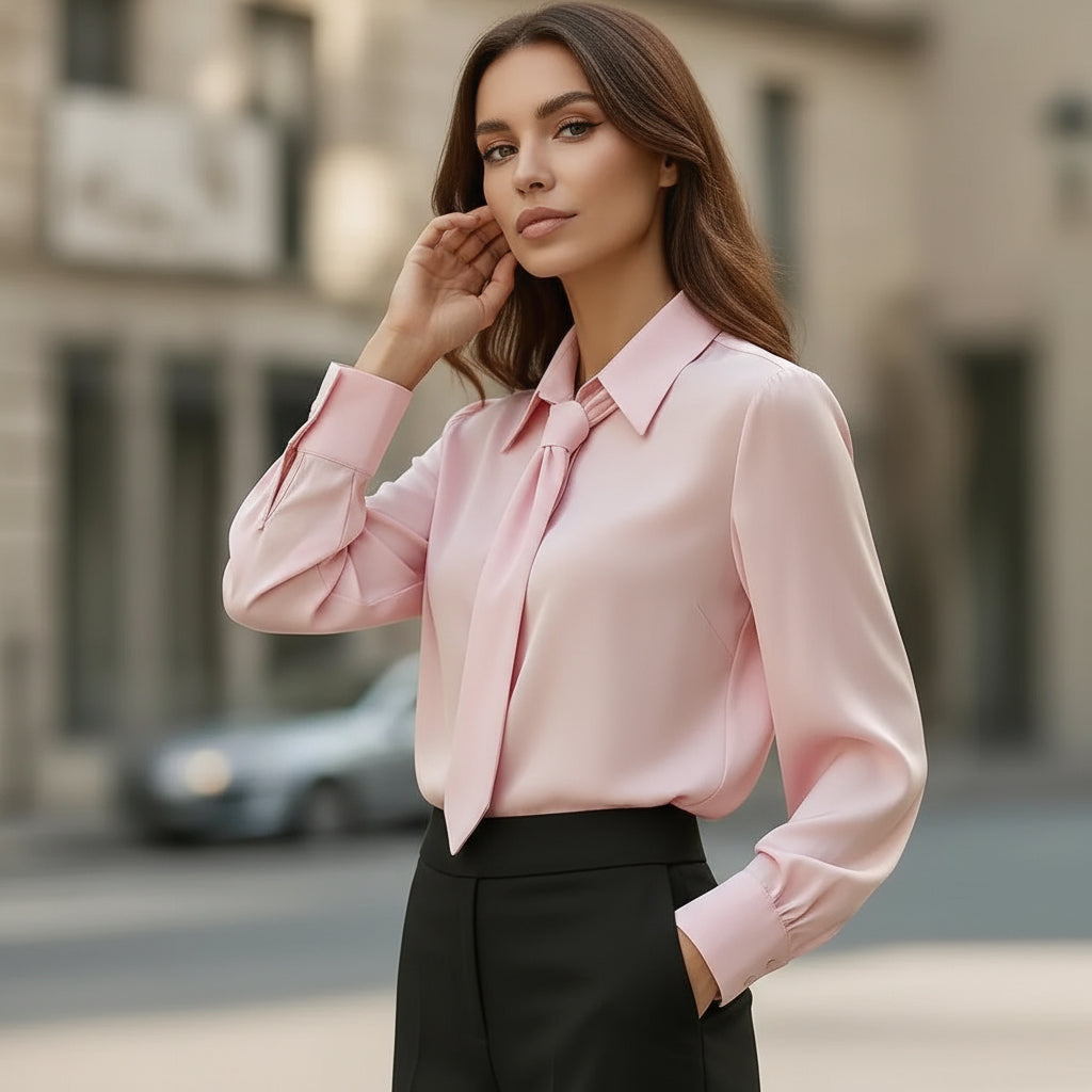 Elegant Silky Tie Neck Long Sleeve Blouse - Chic & Professional Feminé Luxé