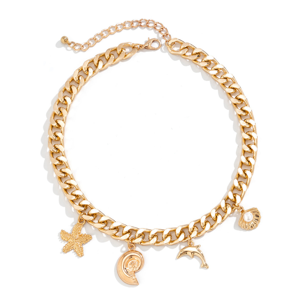 Bohemian Gold Tone Chunky Chain Necklace & Bracelet Set with Sea Charms Feminé Luxé
