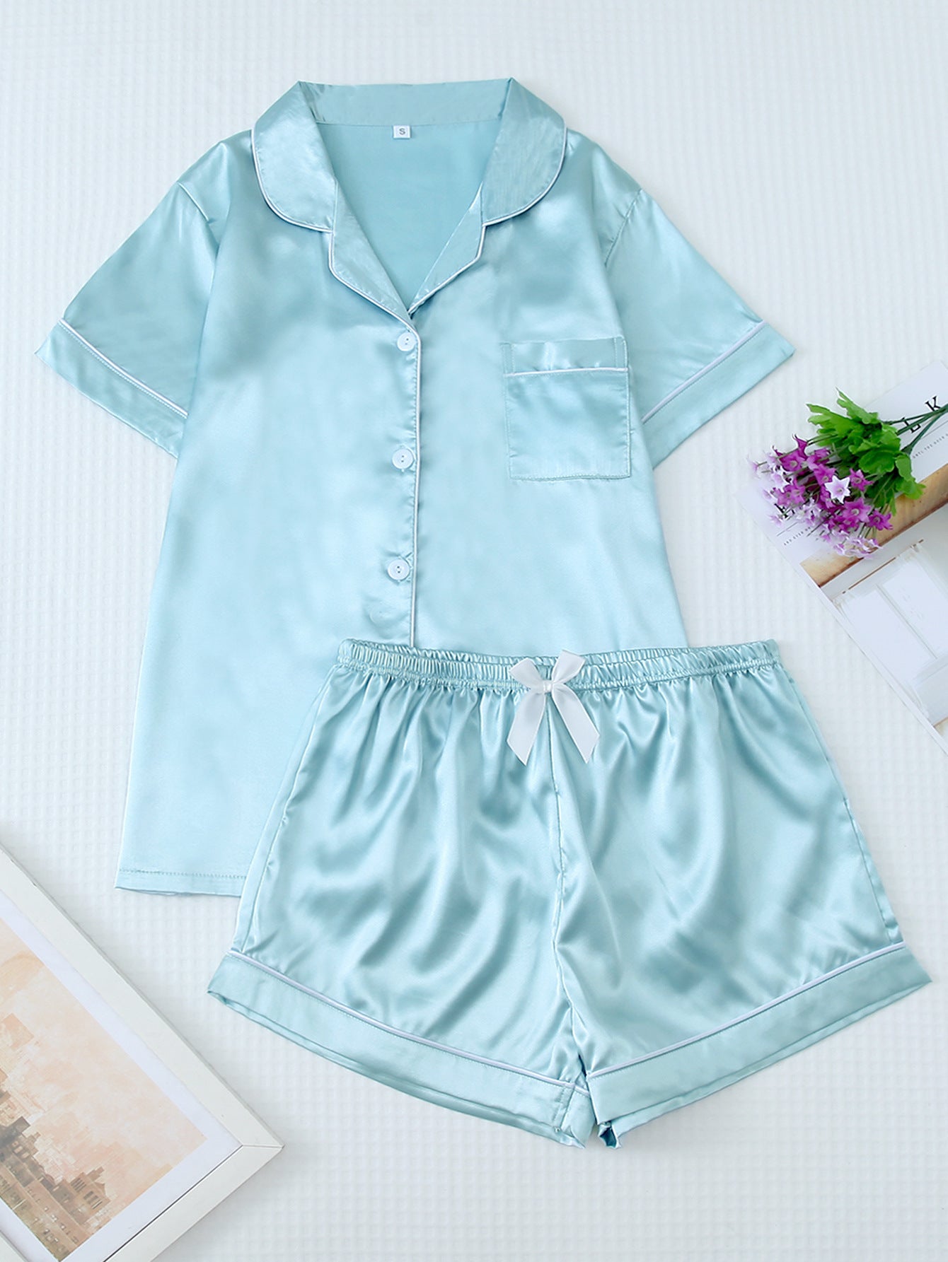 Effortless Silky Satin Pajama Set - Short Sleeve Top & Long Pants Loungewear Feminé Luxé