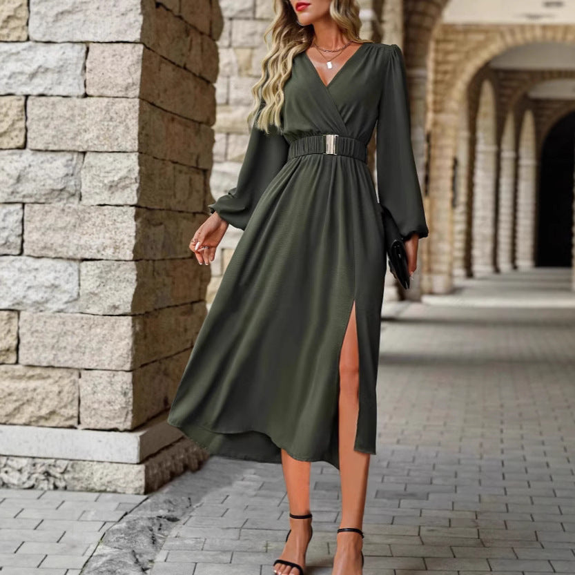 Chic V-Neck Long Sleeve Slit Dress - Solid Color Formal Evening Prom Wear Feminé Luxé