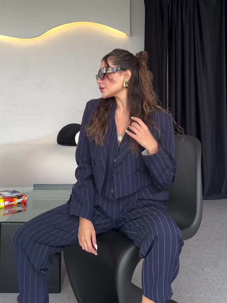 Striped 3-Piece Set: Cropped Blazer, Vest & High-Waisted Pant Feminé Luxé