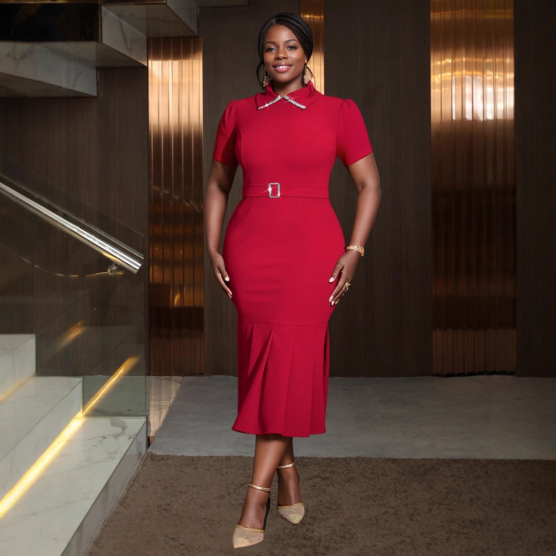 European Elegant Fashion Lapel Short Sleeve Dress Feminé Luxé