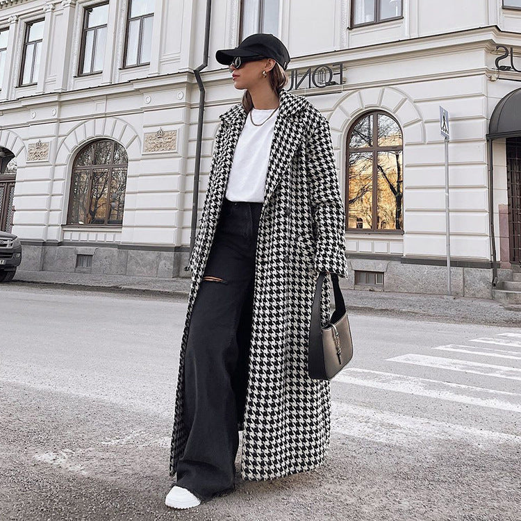 The Grande Dame Coat: Maxi Houndstooth Wool Blend Trench Feminé Luxé