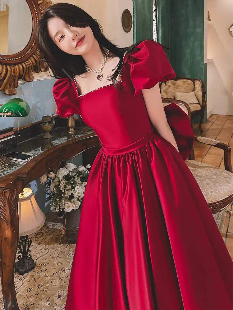 Winter Wine Red Princess Satin Dress Feminé Luxé