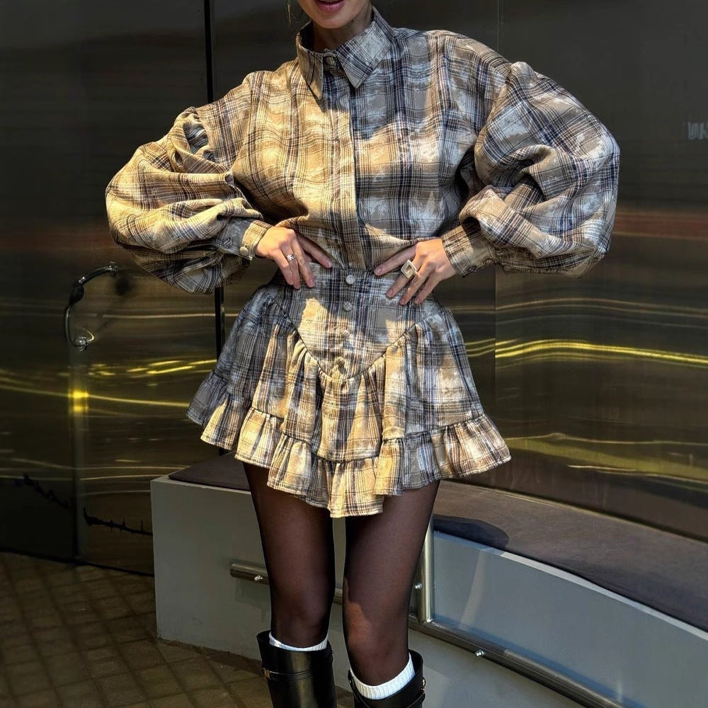 Designer Plaid Ruffle-Detail Crop Blouse & Tiered Mini Skirt Set – Gothic Chic Feminé Luxé