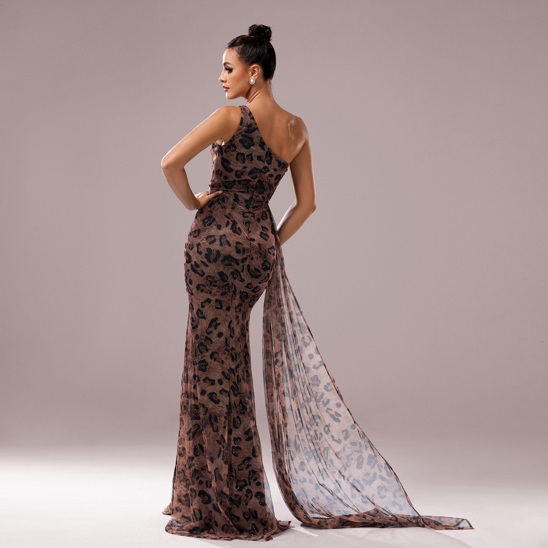 Leopard Print Sequin One-Shoulder Gown – Asymmetrical High-Slit Evening Dress Feminé Luxé