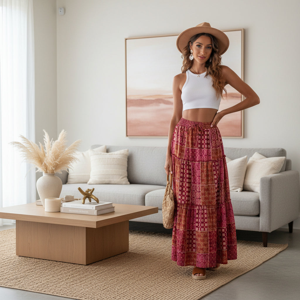 The Bohemian Resort Tiered Maxi Skirt | High-Rise & Hand-Printed Look Feminé Luxé