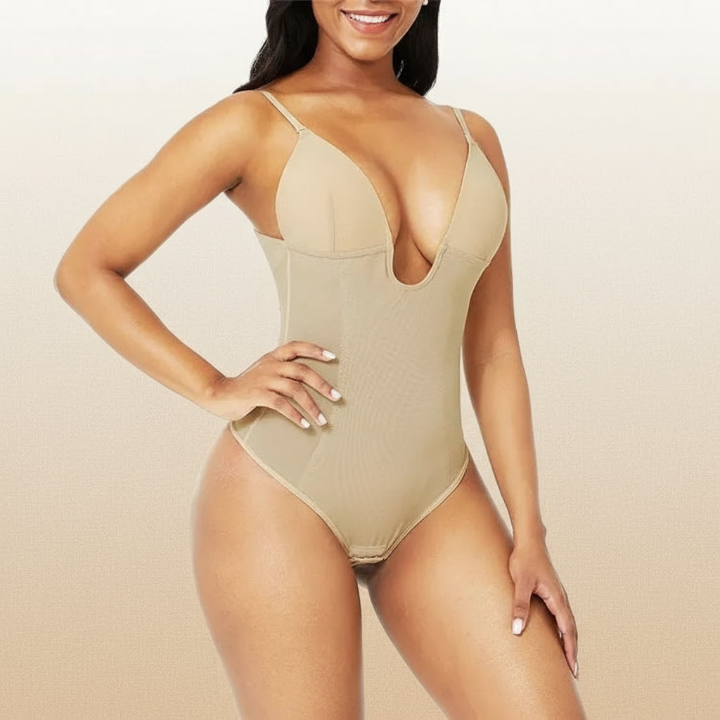 Deep V-Neck Full Body Shaping Corset Bodysuit - Open Back Tummy Control Top Feminé Luxé