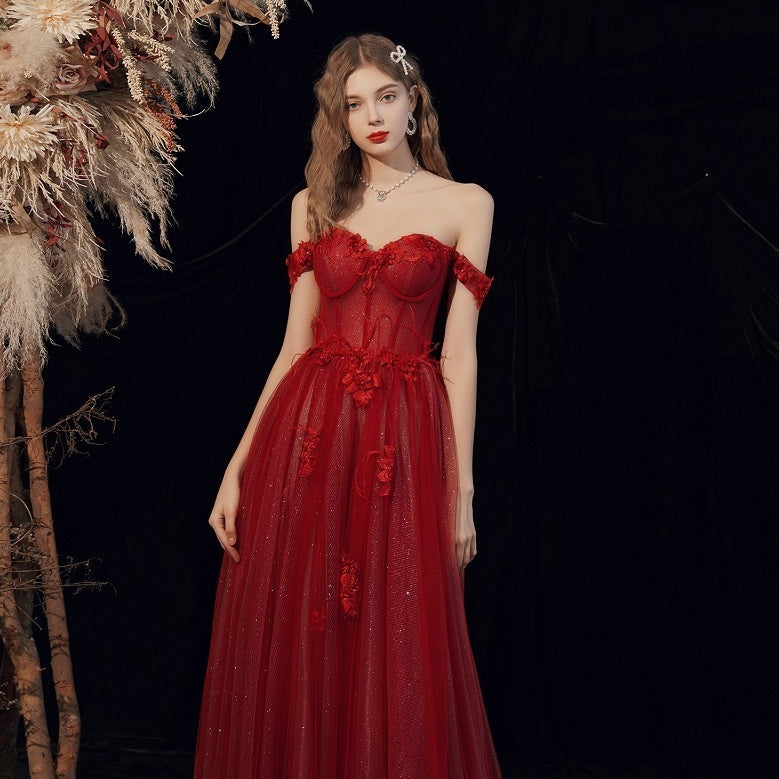 Wine Red Off-Shoulder Lace & Tulle Evening Gown Feminé Luxé