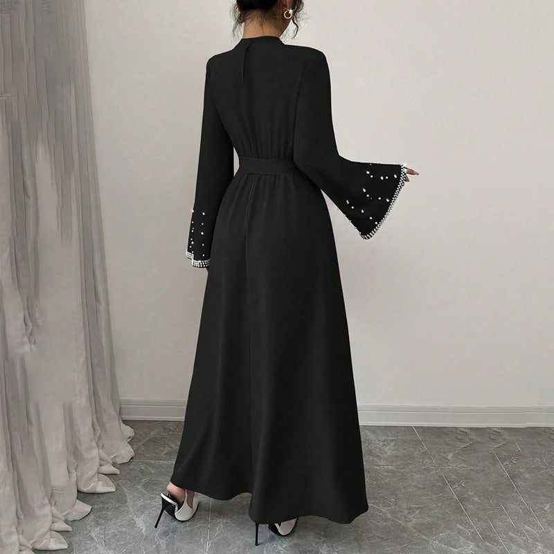 Elegant High-Neck Maxi Gown | Long Sleeve Embellished Belt Event Dress Feminé Luxé